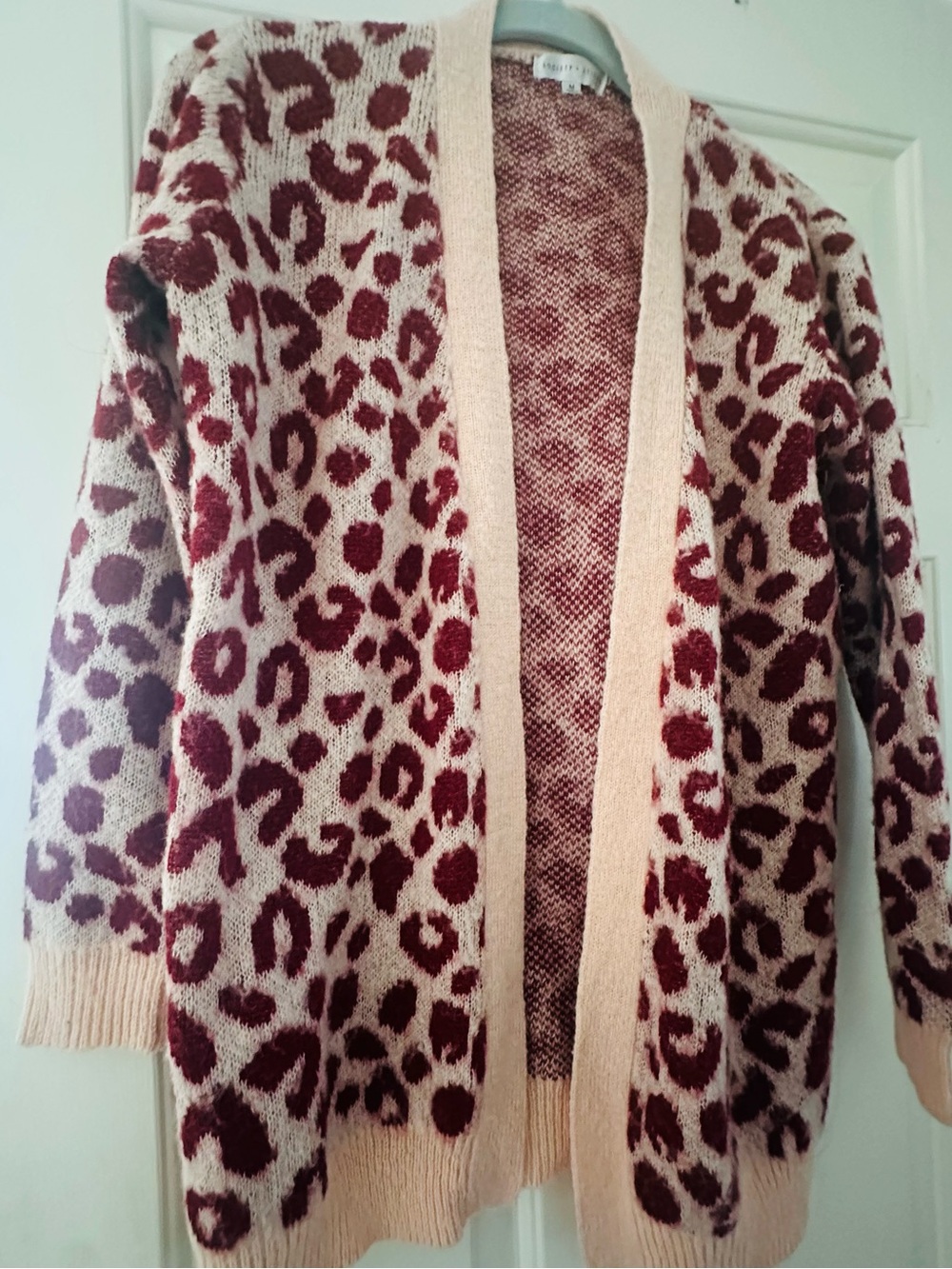 Cozy Society & Stitch Leopard Print Open Cardigan Light Pink & Burgundy Sz M